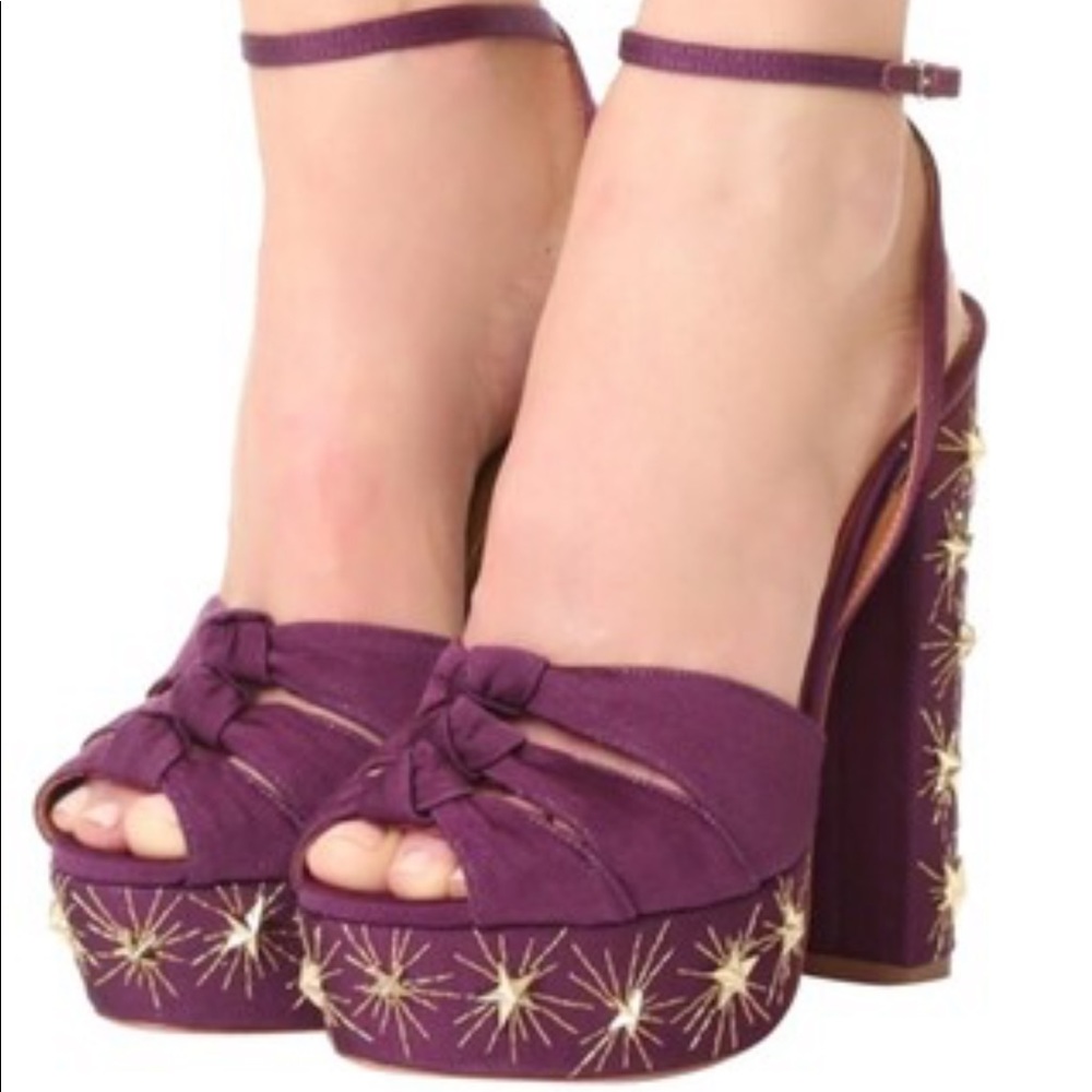 $895 AQUAZZURA Mira Embellished Twill Platform Sandal Plum 37.5 - Picture 2 of 12